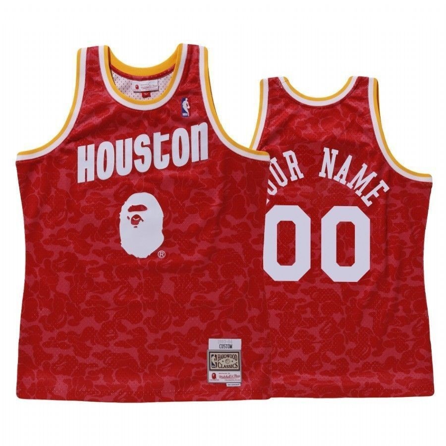 Men's Custom 00 Red Bape X Mitchell Jersey - Multicolor Polyester Athletic Wear
