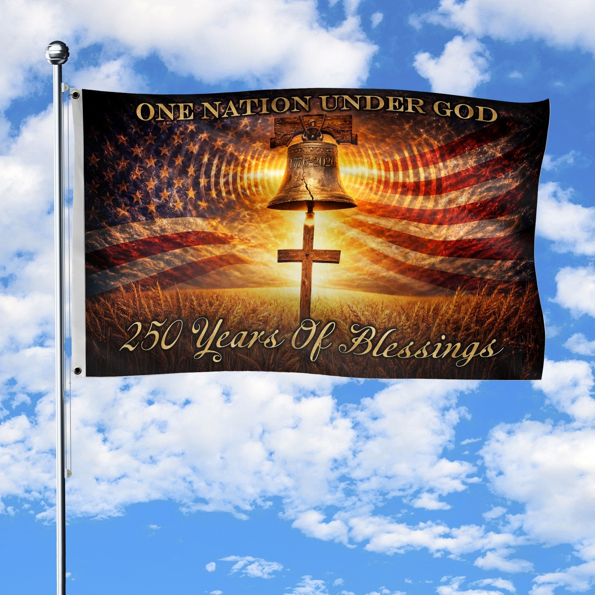 250 Years of Blessings Patriotic Flag 1776-2026 Liberty Bell Cross One Nation Under God Double-Sided Banner
