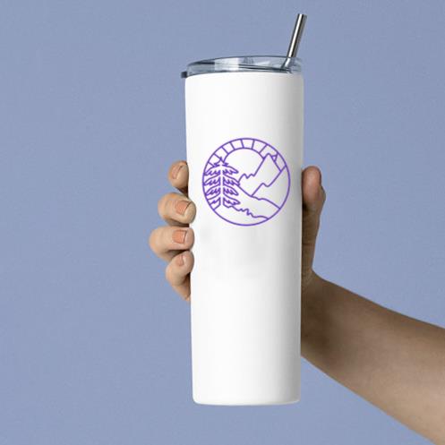 Purple Logo With A Mountain And A Tree In It Tumbler