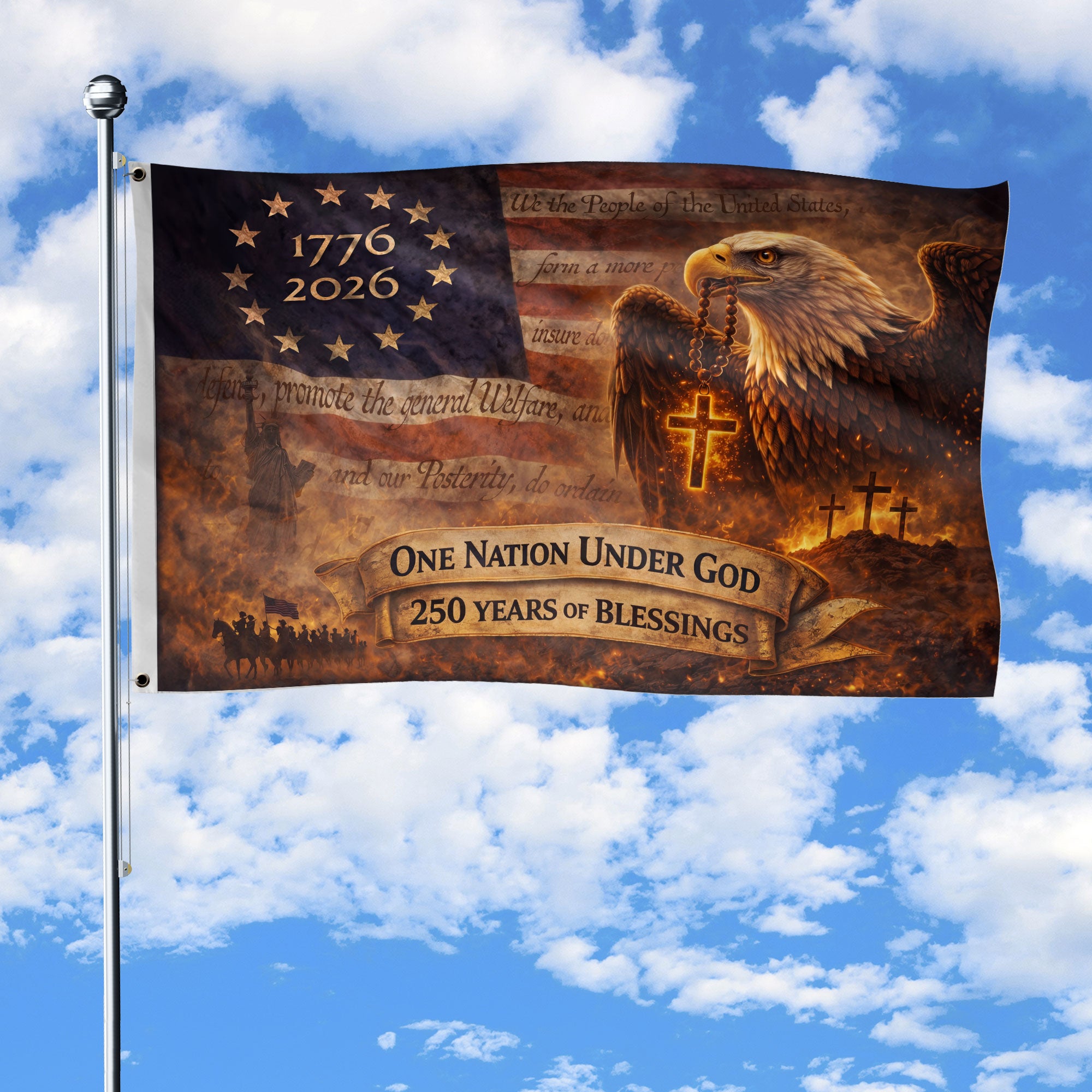 250 Year American Anniversary House Flag 1776-2026 Patriotic USA Eagle Cross Design