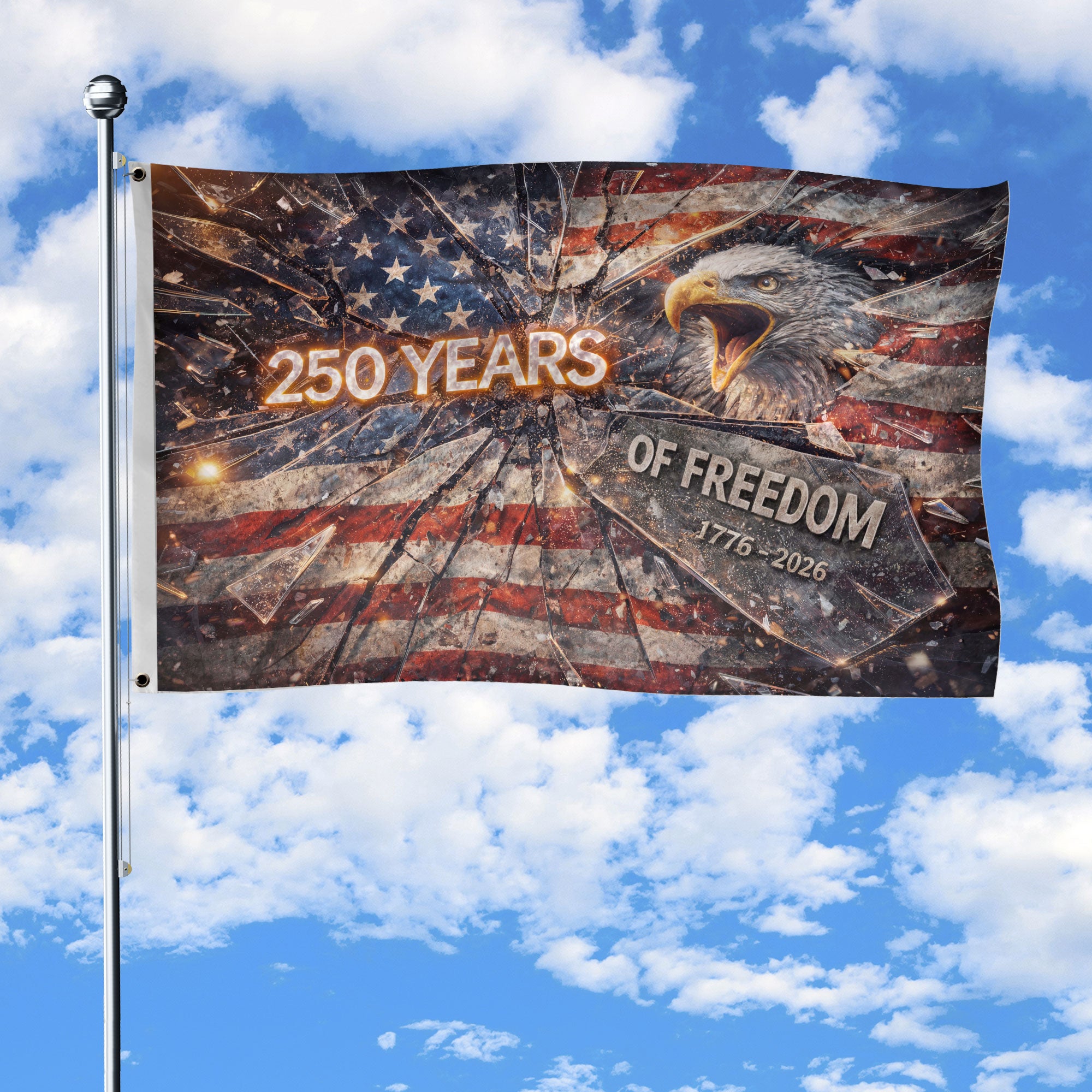 250 Years American Flag 1776-2026 Shattered Glass Eagle Christian Freedom House Flag