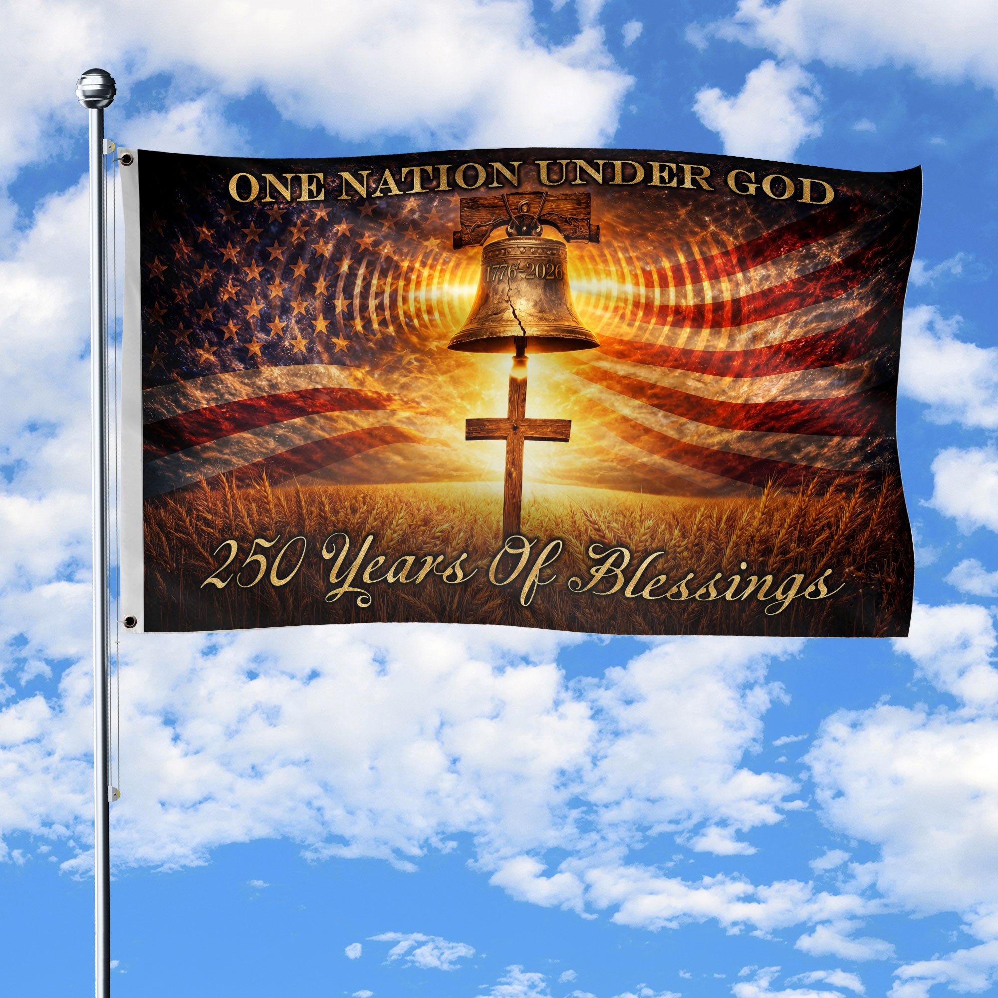 250 Years of Blessings Patriotic Flag 1776-2026 Liberty Bell Cross One Nation Under God Double-Sided Banner