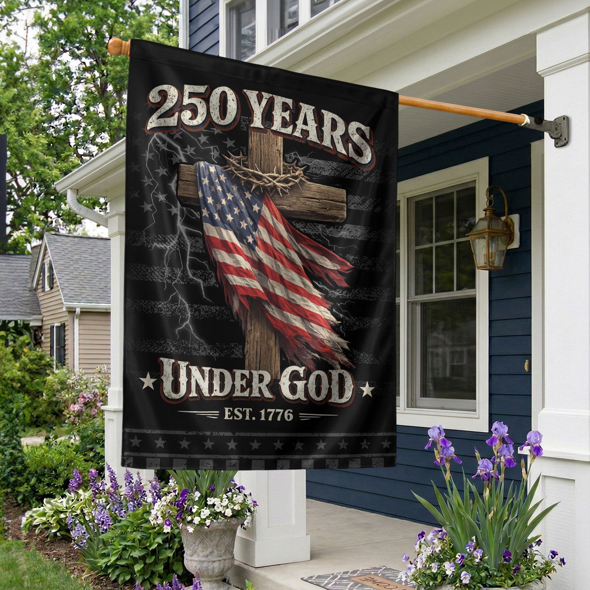 250 Years of Freedom House Flag - One Nation Under God Cross Patriotic Design
