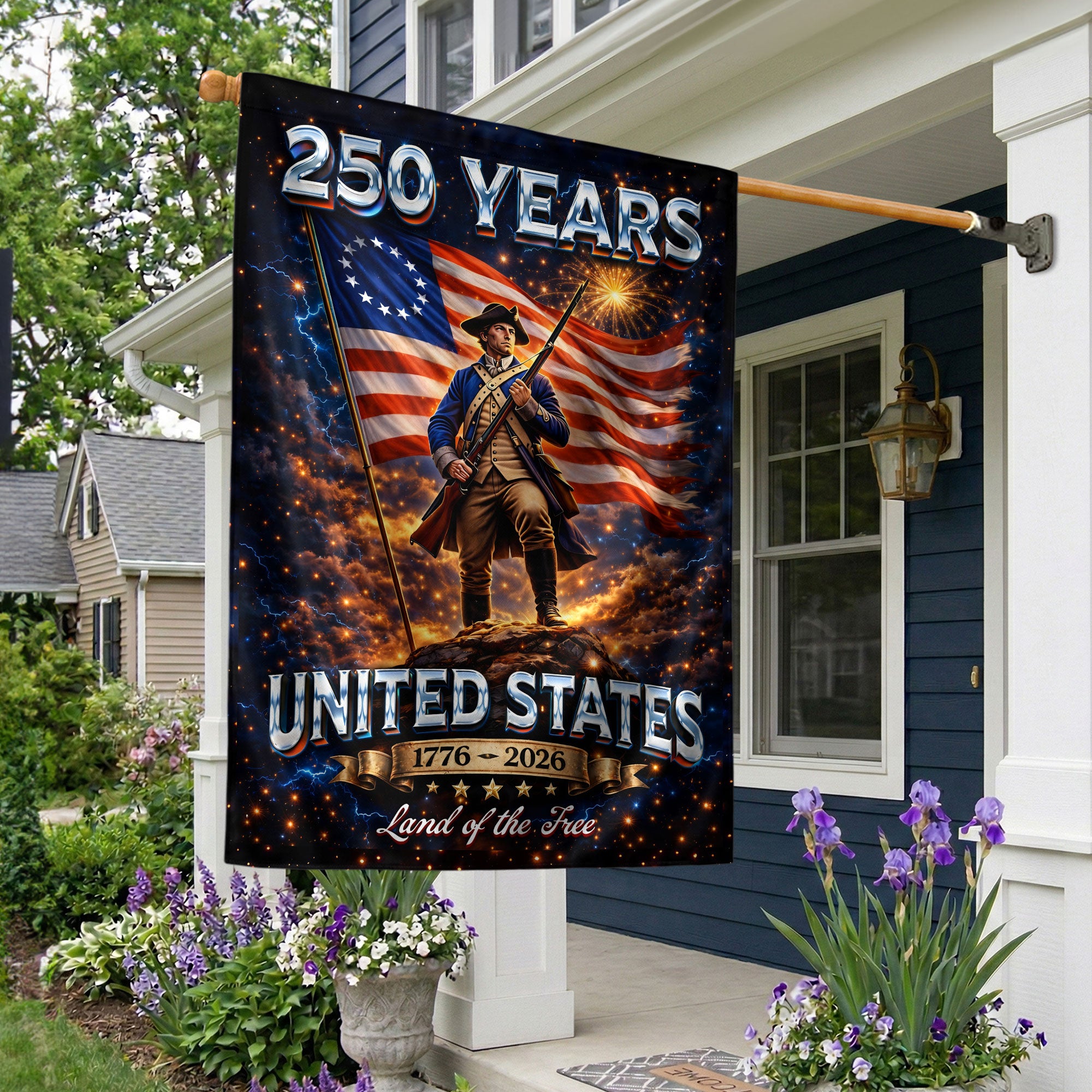 250 Years United States House Flag Patriotic Soldier 1776-2026 Land of the Free Banner