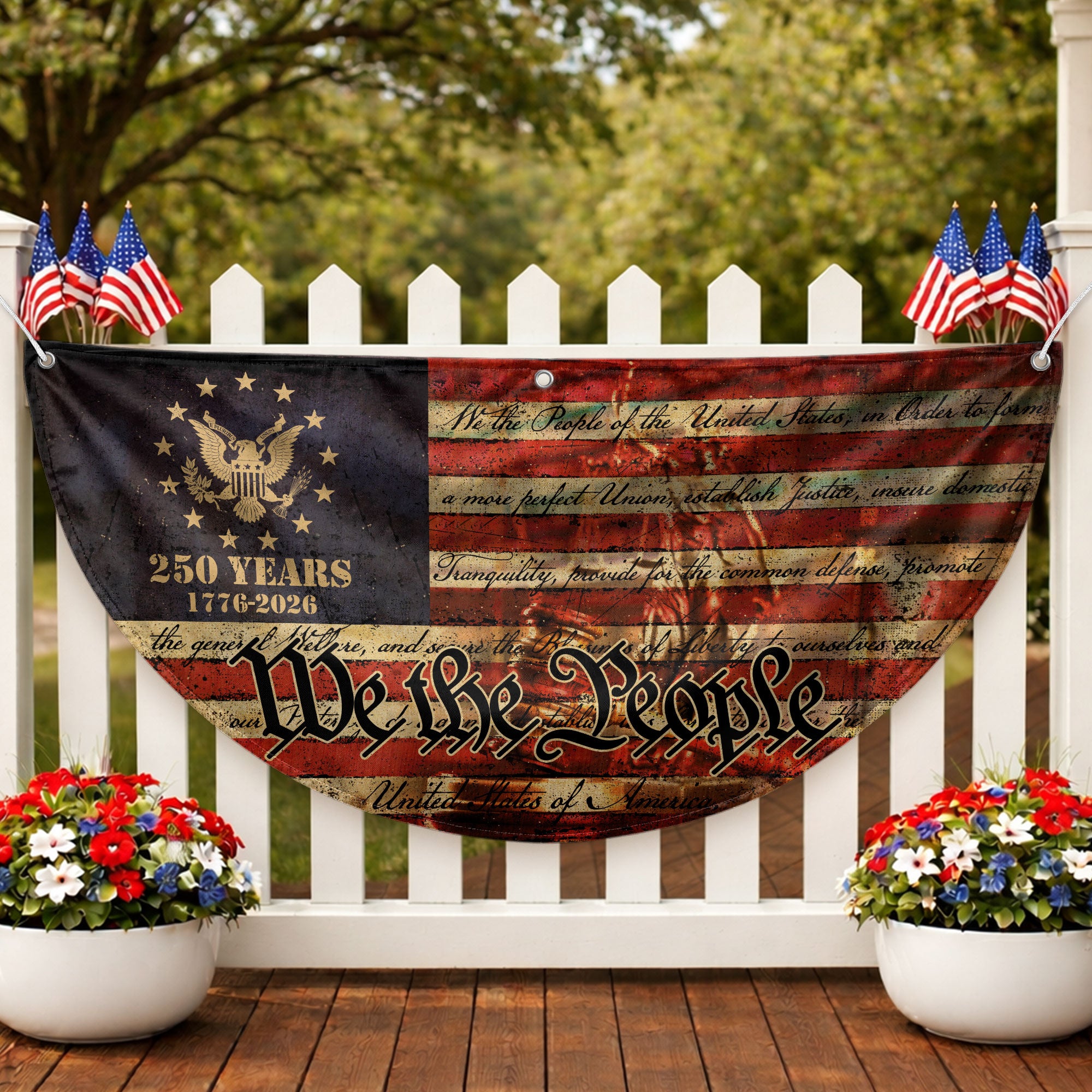 250th Anniversary USA Flag Fence Banner - We The People Eagle Design Red White Blue