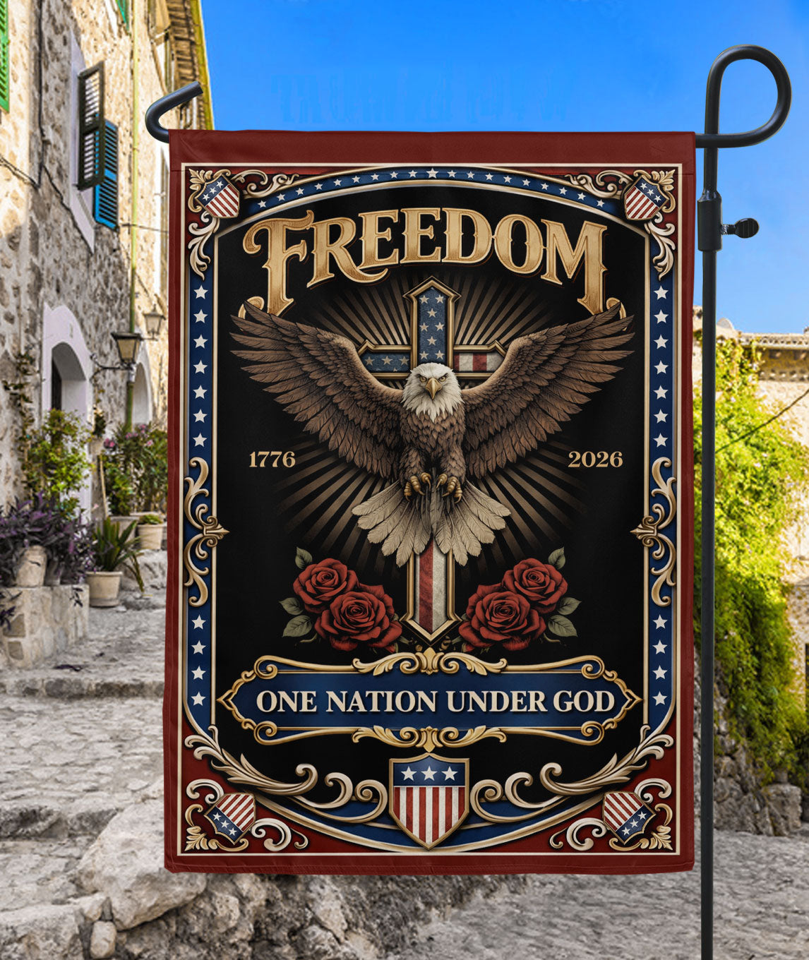 250th Anniversary USA Garden Flag One Nation Under God We The People Cross Faith Freedom