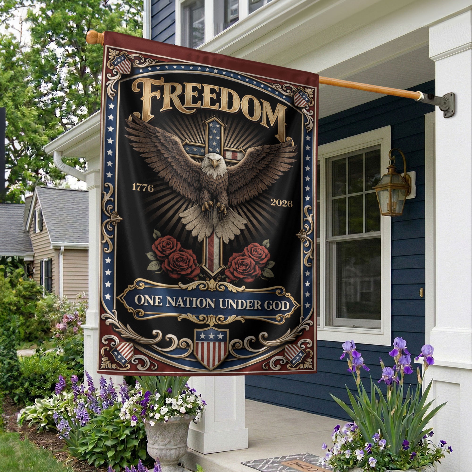 250th Anniversary USA House Flag One Nation Under God We The People Cross Faith Freedom