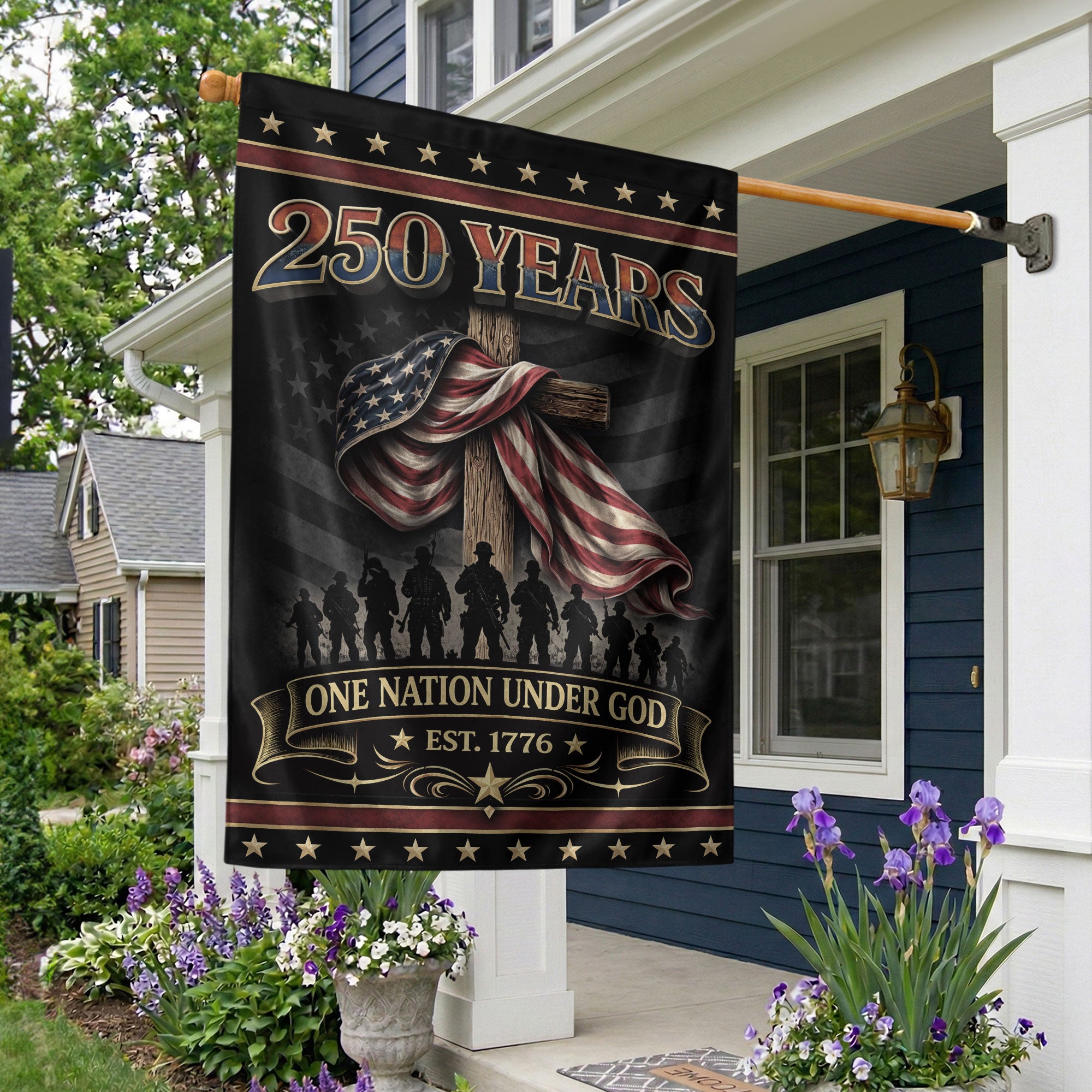 250th Anniversary USA Patriotic House Flag - One Nation Under God We The People Cross Double-Sided