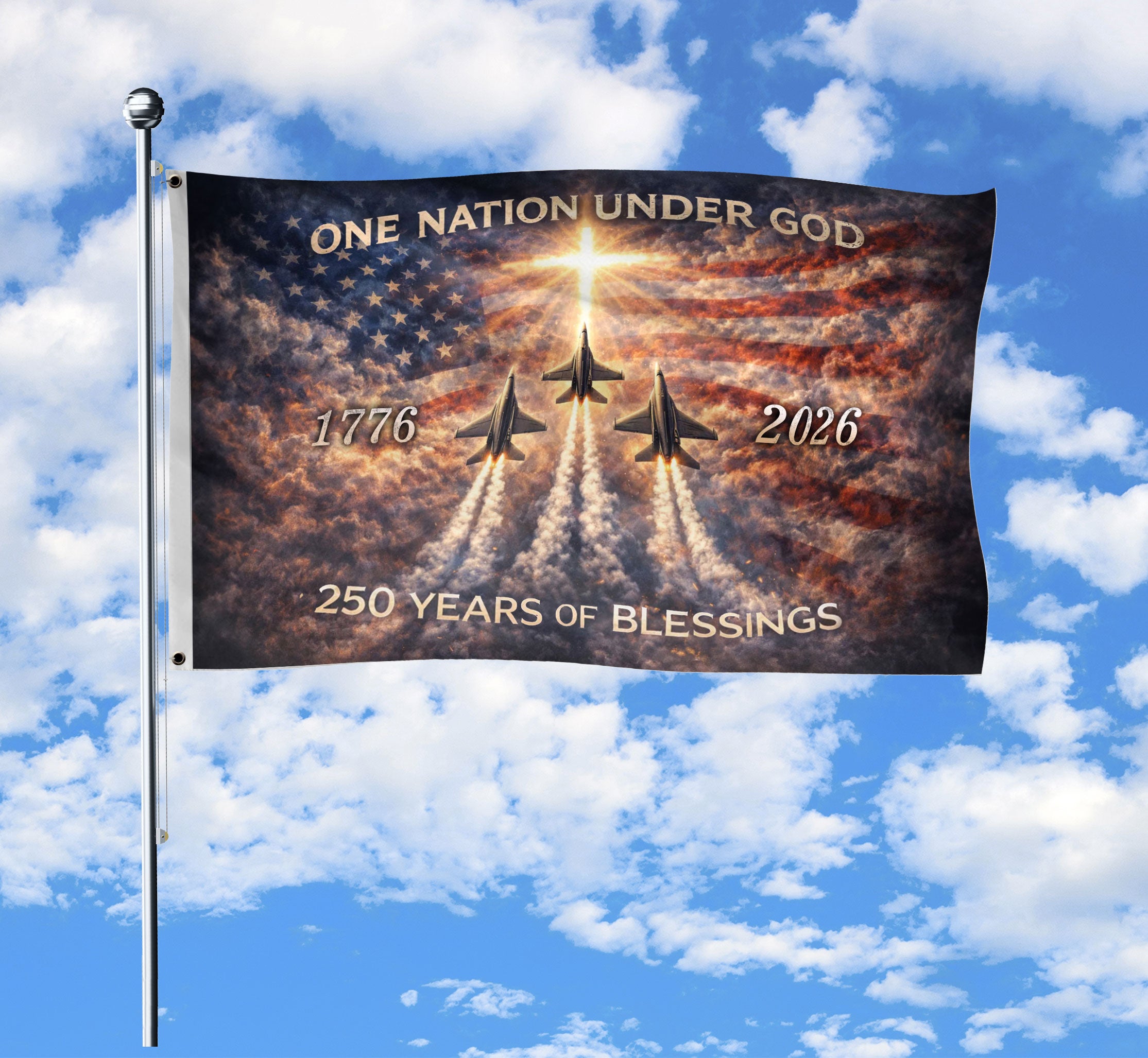 America 250th Anniversary Flag 1776-2026 One Nation Under God Fighter Jets Cross Double Sided Heavy Banner