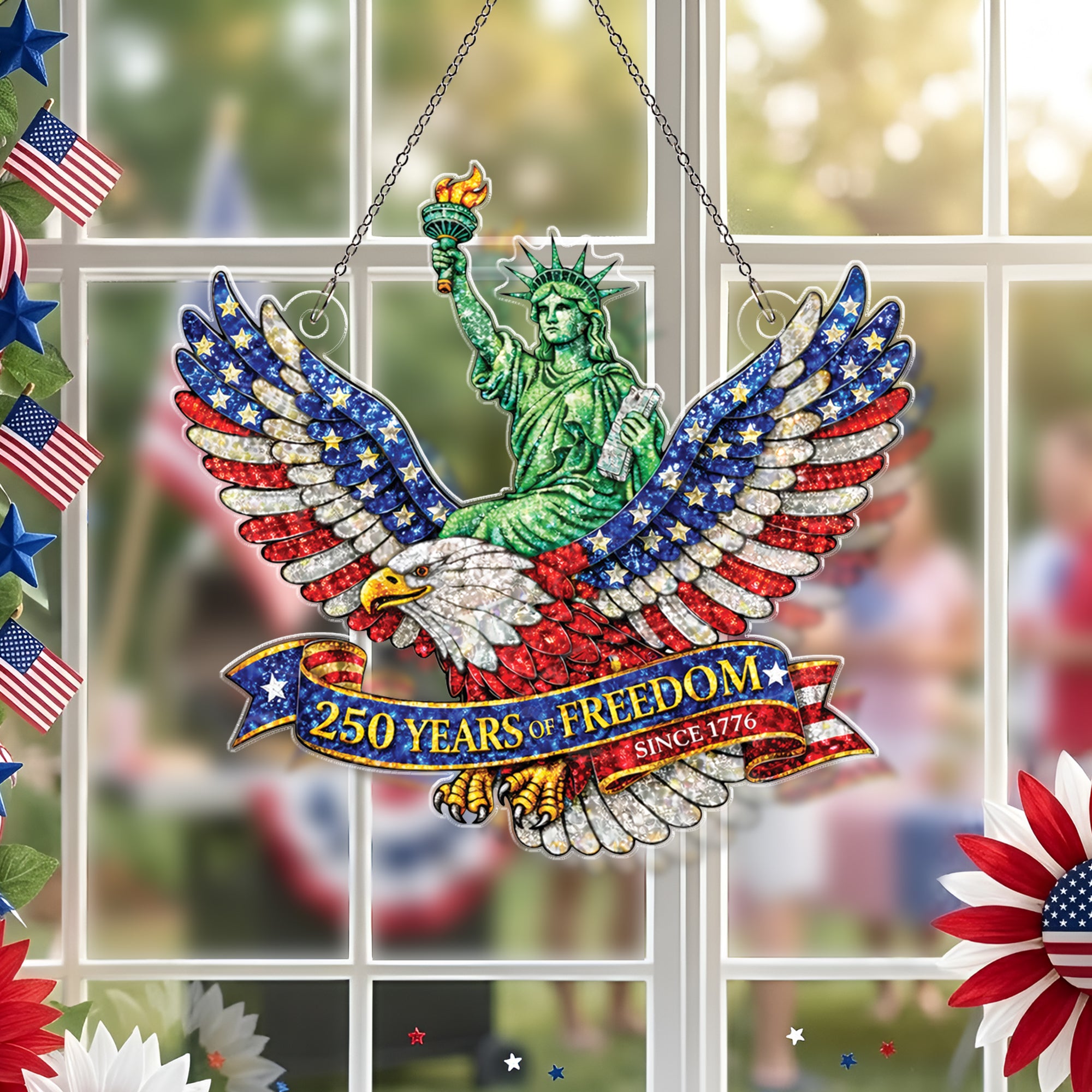America 250th Anniversary Glitter Eagle Statue of Liberty Patriotic Acrylic Suncatcher Ornament