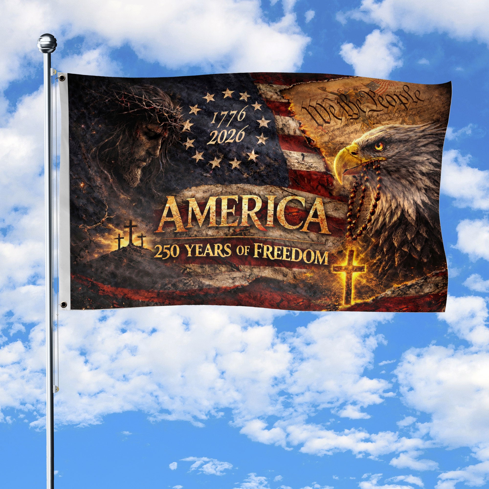 Christian We The People 250th Anniversary USA House Flag Eagle Cross 1776-2026