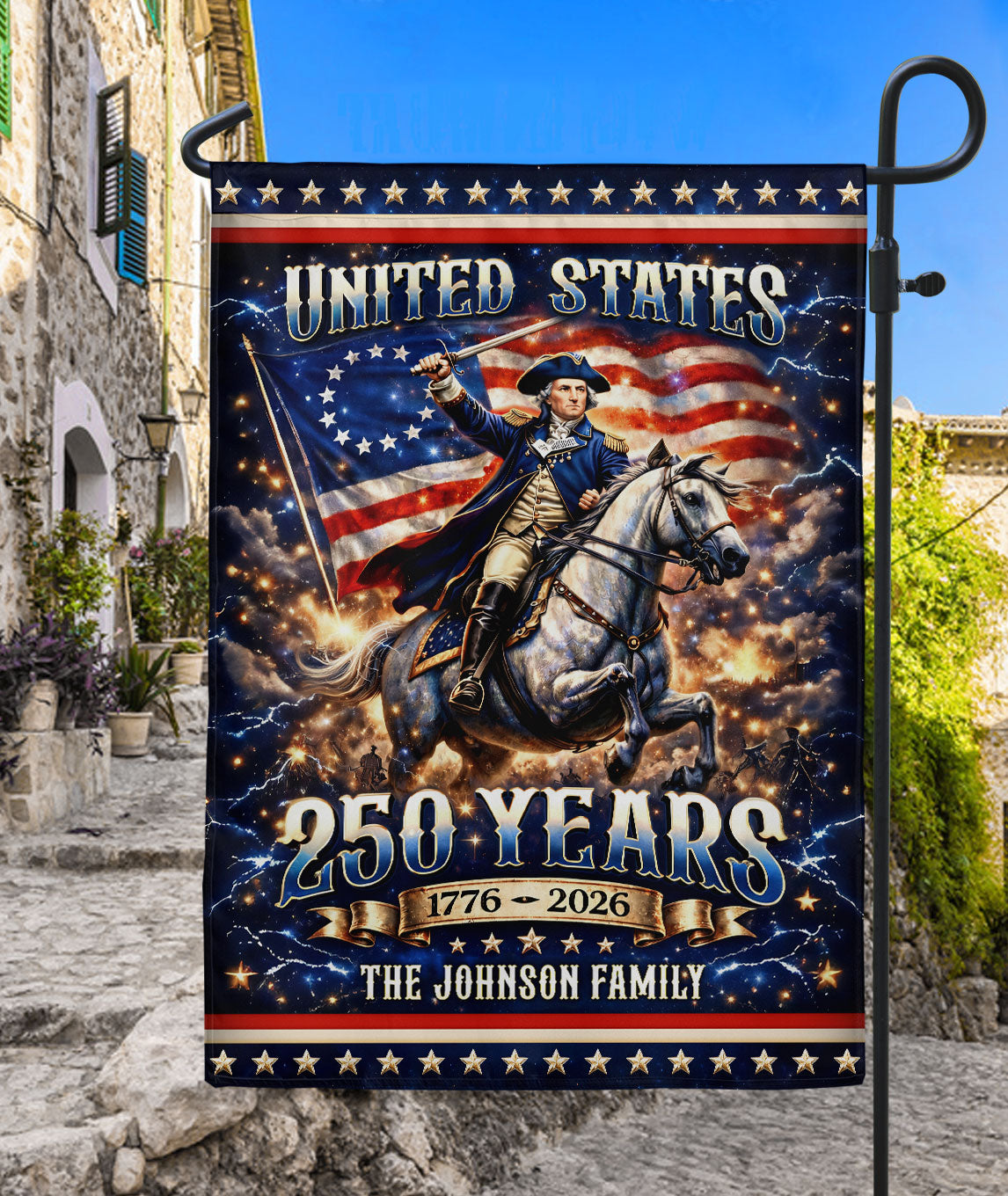 Custom Family Name 250th Anniversary Garden Flag George Washington USA Flag 1776-2026