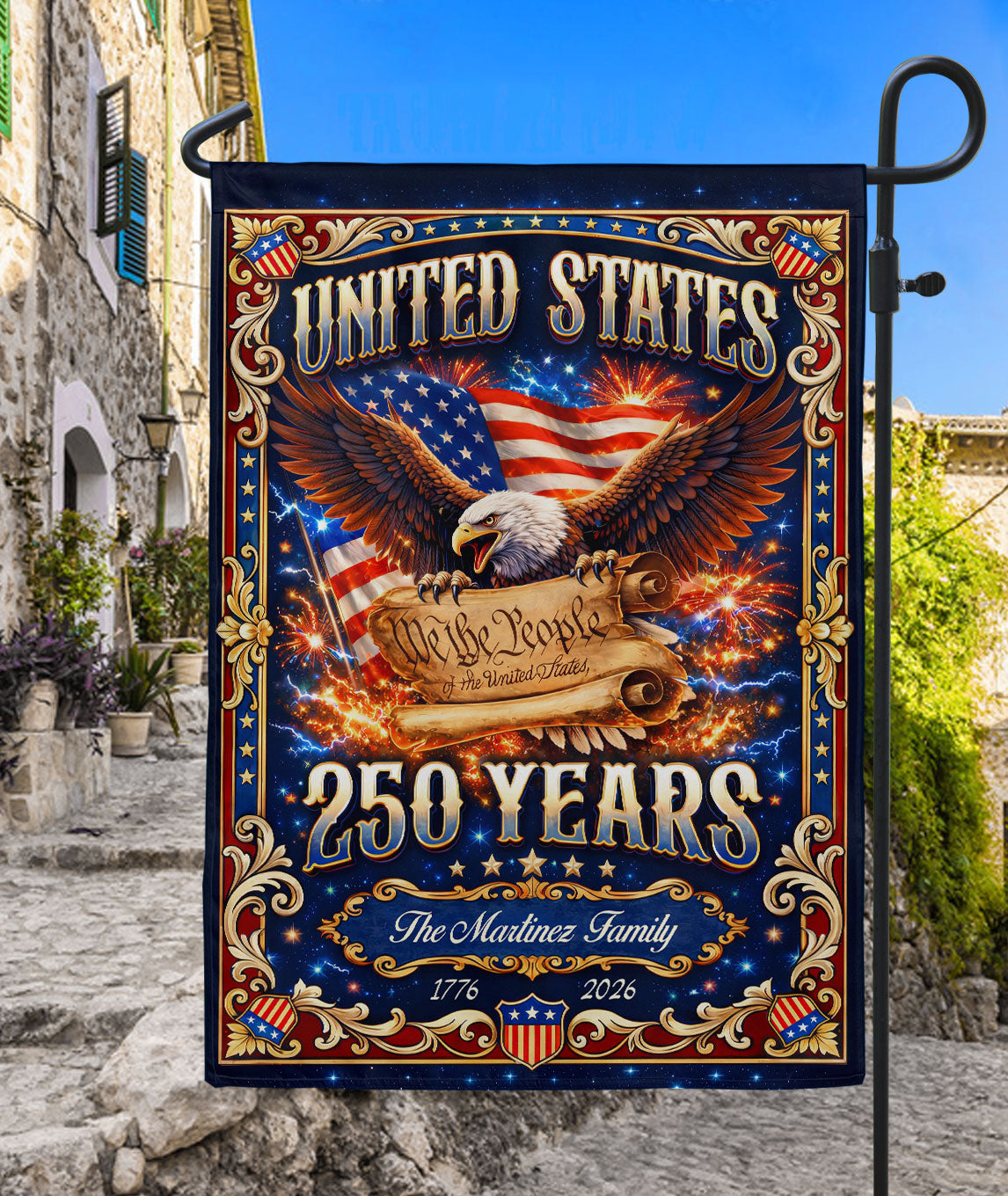 Custom Family Name 250th Anniversary Garden Flag USA Eagle We the People 1776-2026