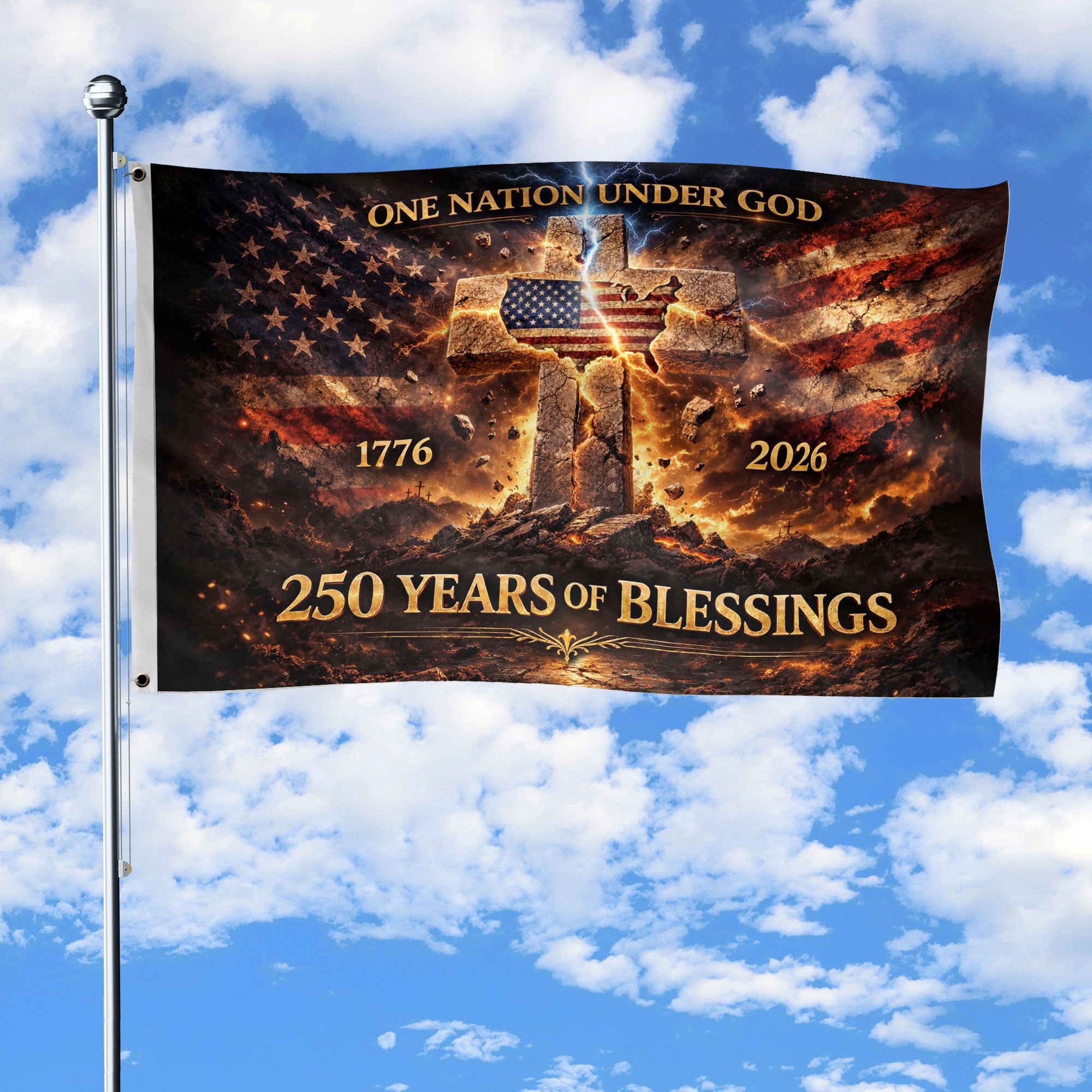 Faith And Freedom 250 Years Christian Flag 1776-2026 Stone Cross USA Map Double Sided Banner