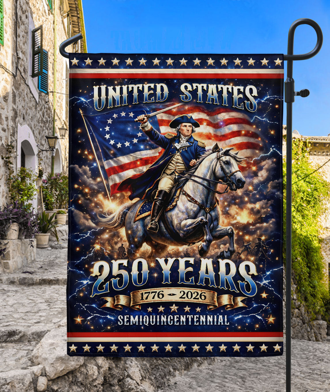 George Washington on Horse 250th USA Anniversary 1776-2026 Double Sided Garden Flag