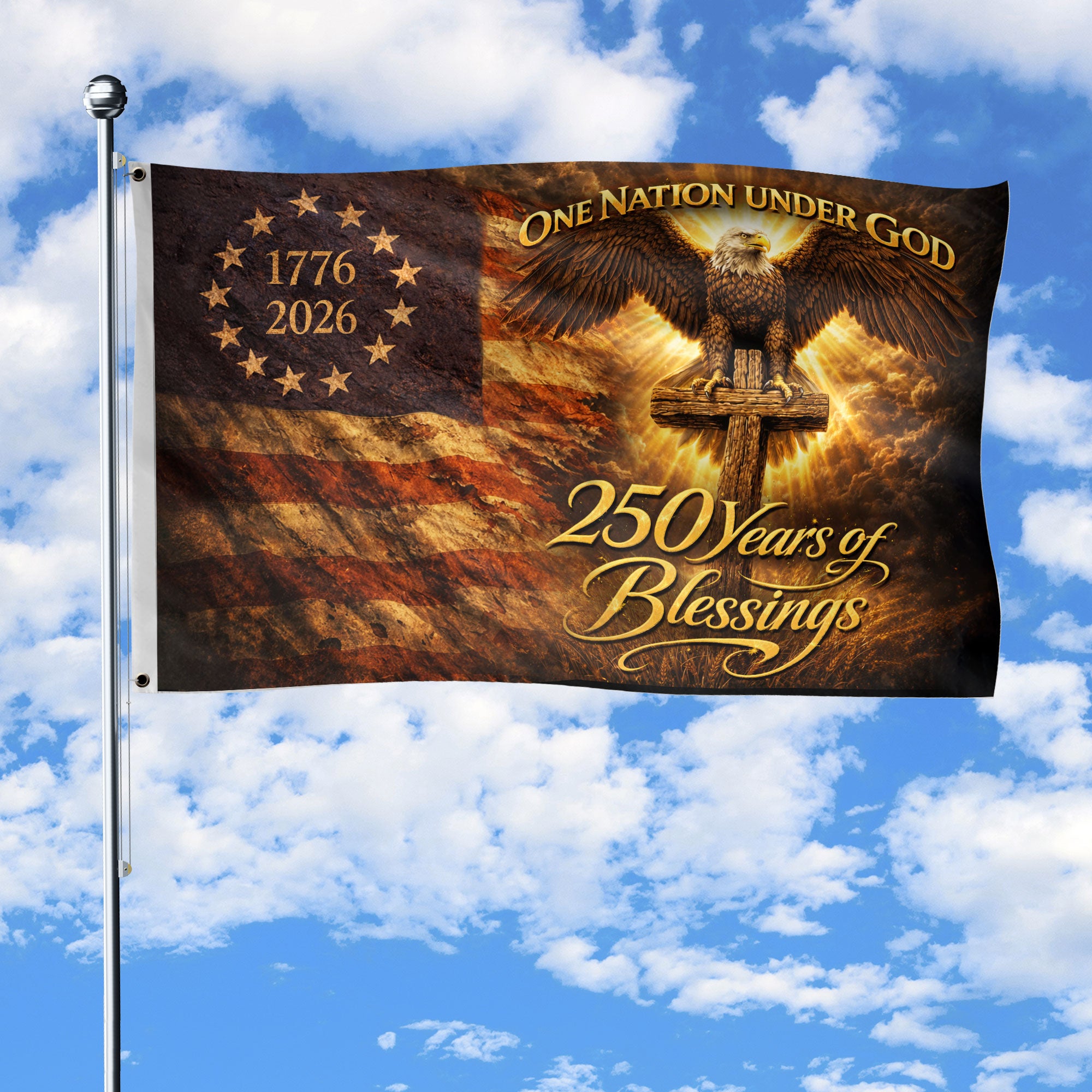 Patriotic Christian House Flag Eagle Cross One Nation Under God 1776-2026
