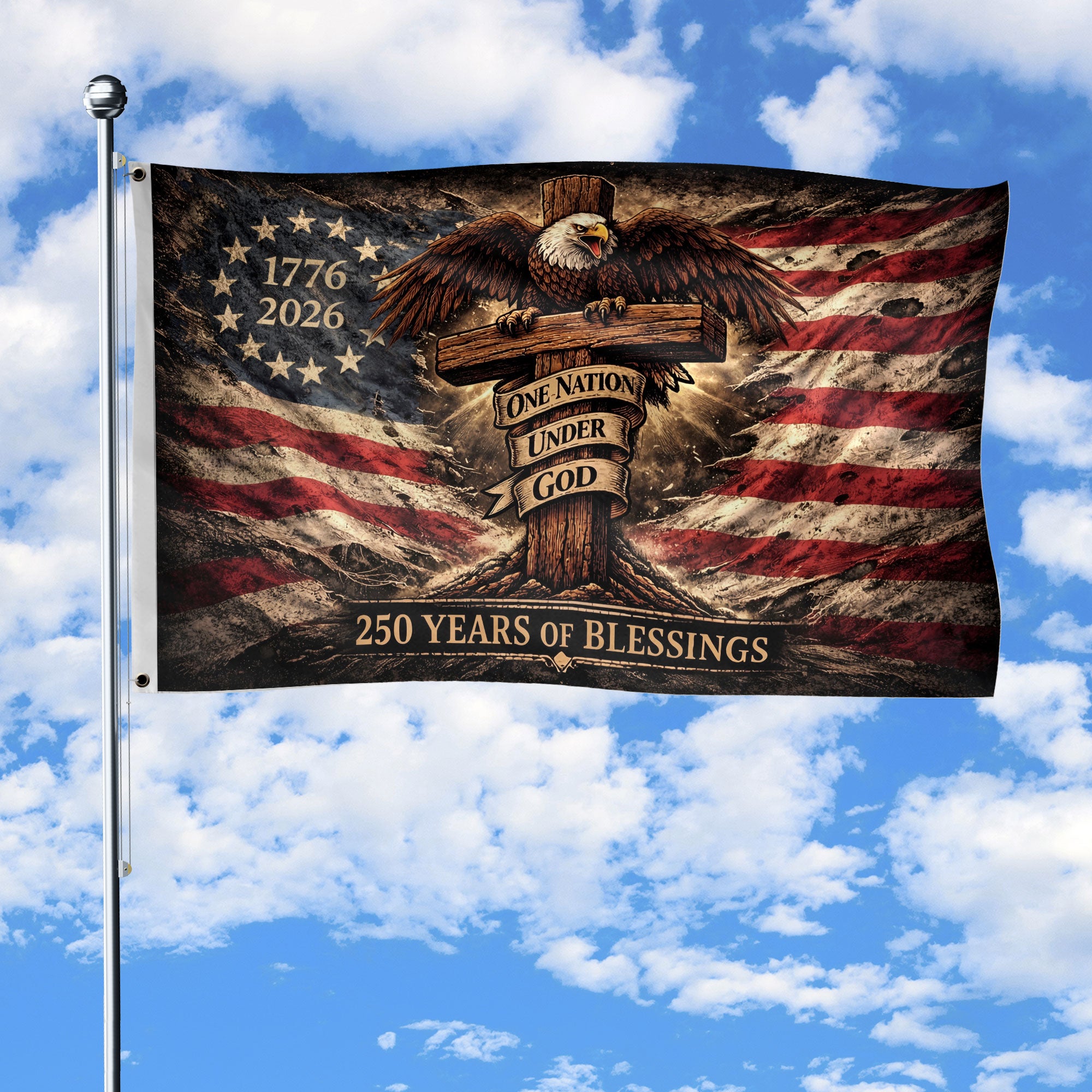 Patriotic Christian House Flag One Nation Under God Eagle Cross 1776-2026 250 Years Blessings