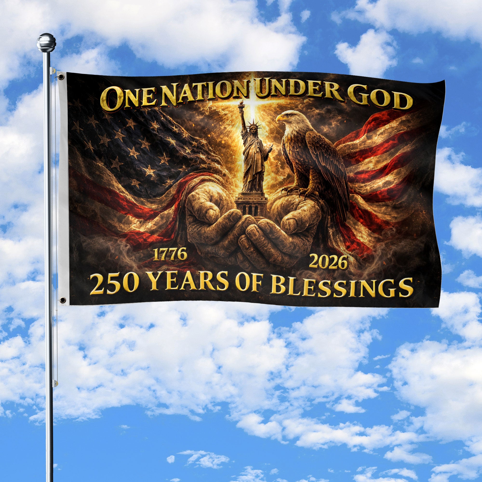 Patriotic God's Hands House Flag 1776-2026 One Nation Under God 250 Years of Blessings
