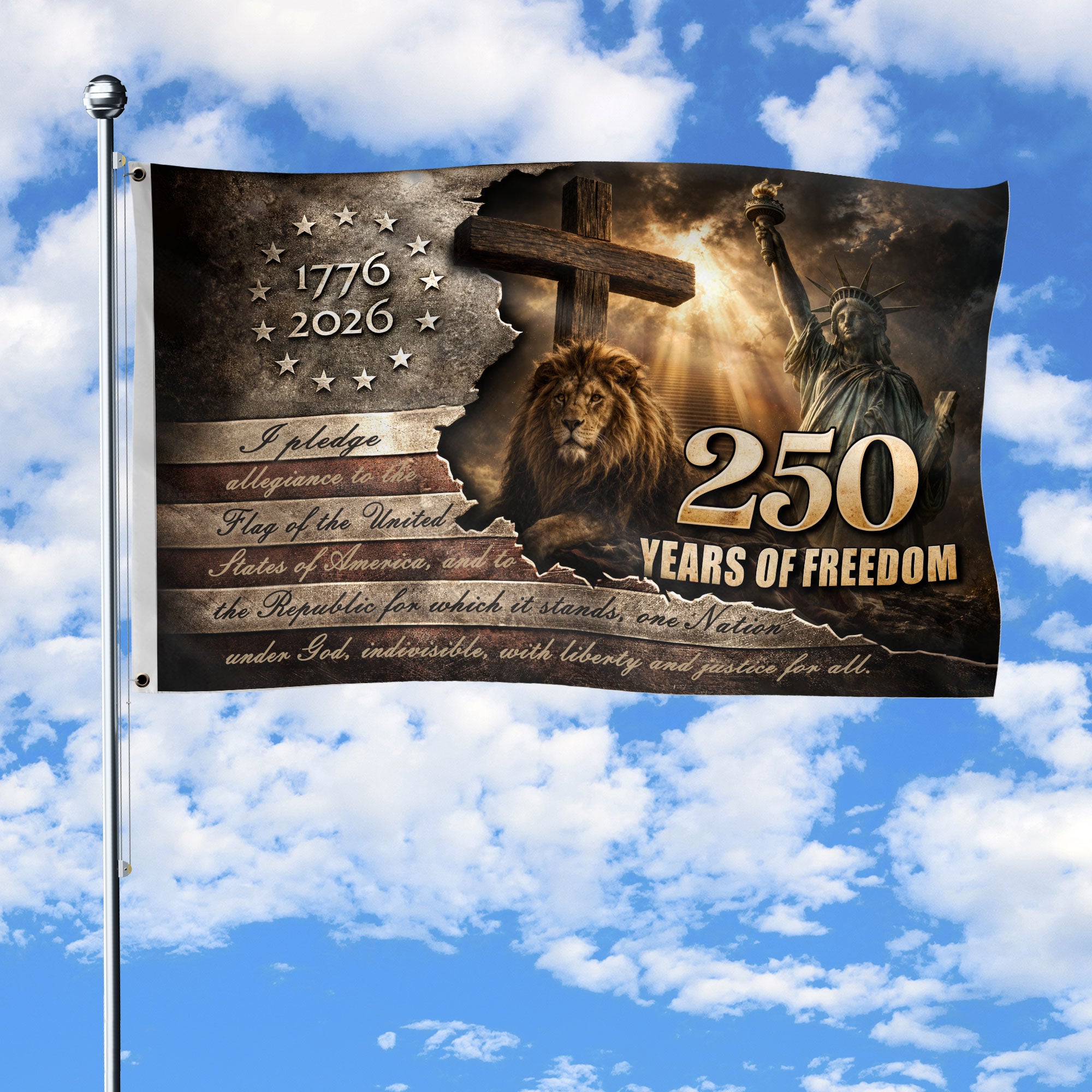 Patriotic Lion Cross House Flag 1776-2026 One Nation Under God 250 Years Freedom