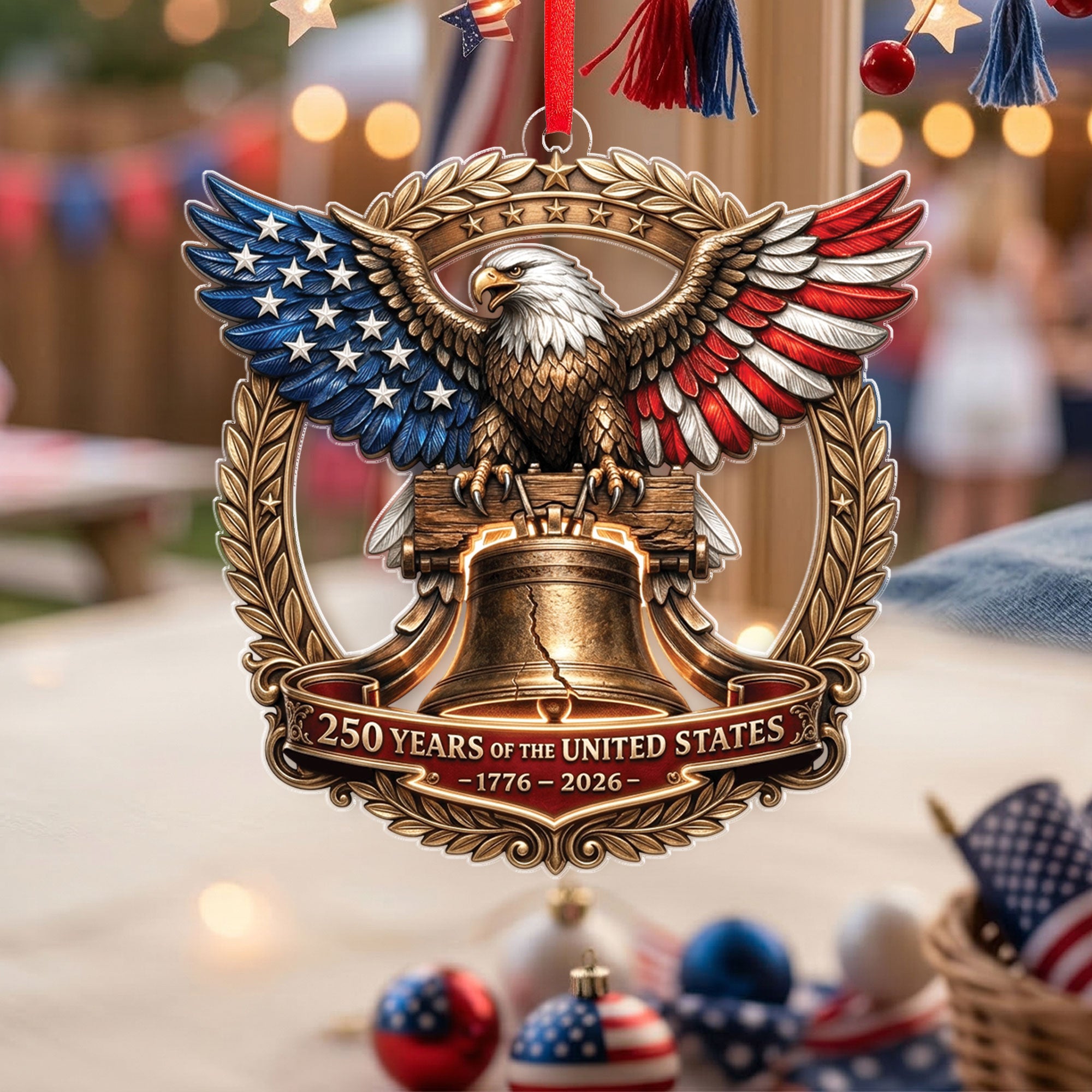 United States 250 Years 1776-2026 Liberty Bell Laurel Wreath Acrylic Ornament