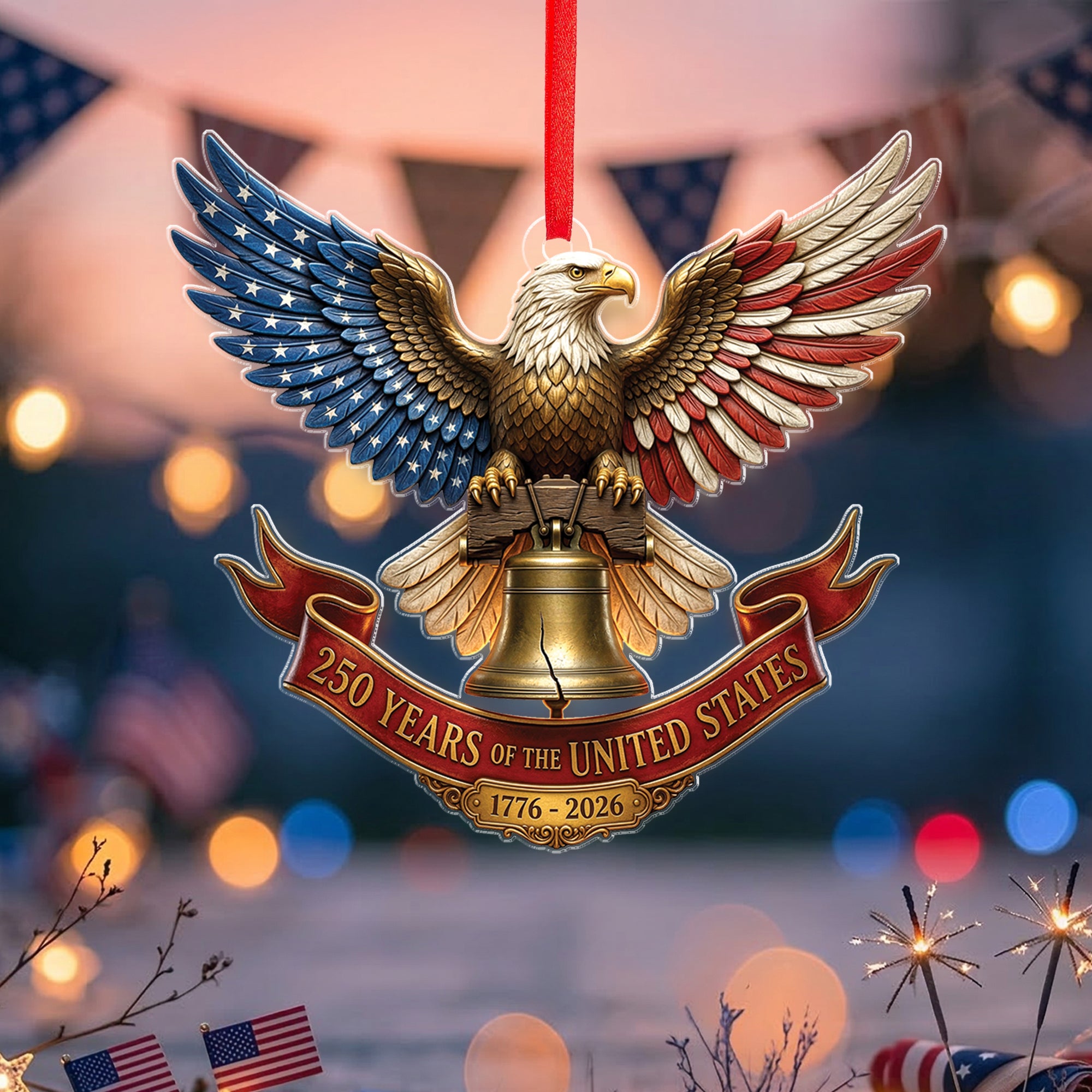 United States 250 Years 1776-2026 Patriotic Red Ribbon Liberty Bell Acrylic Ornament