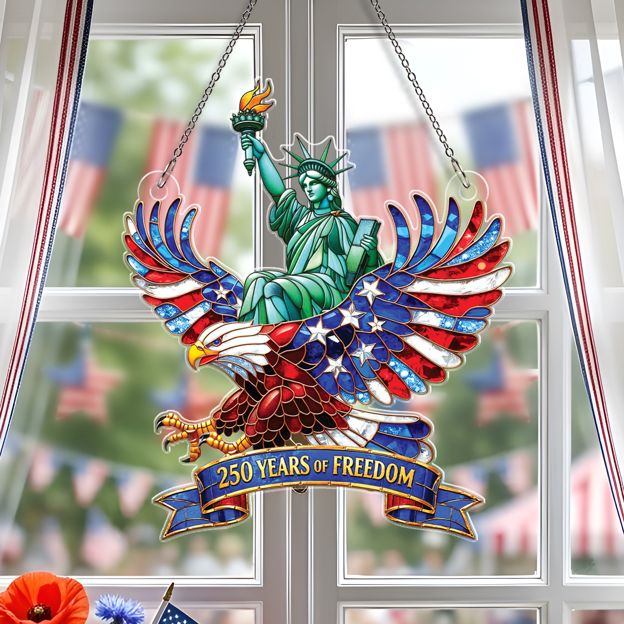 United States 250 Years Freedom Liberty Eagle Stained Glass Acrylic Suncatcher Ornament
