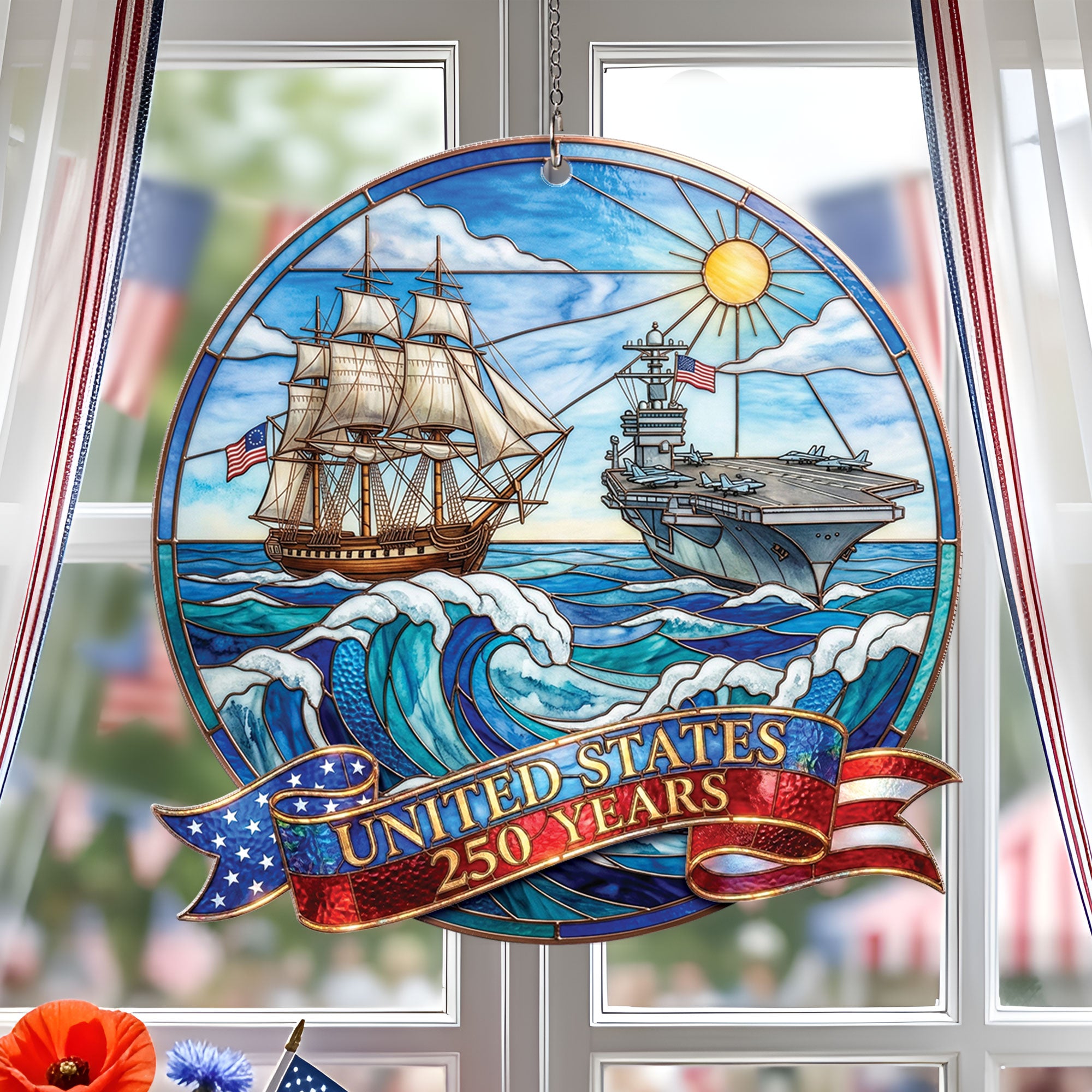 United States 250 Years Naval History Ship Aircraft Carrier Acrylic Suncatcher Ornament