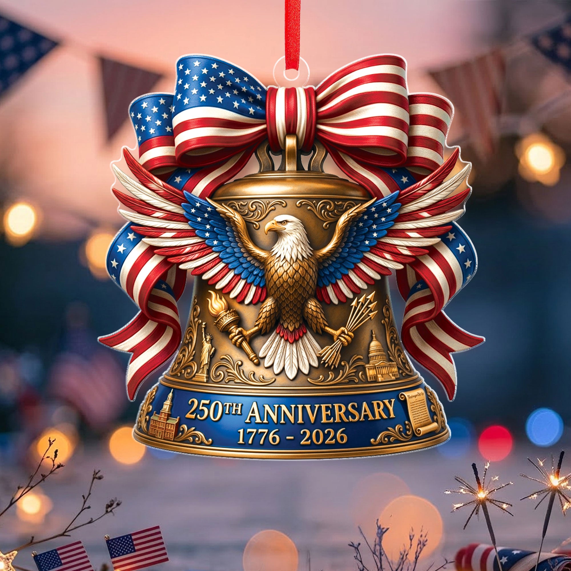 United States 250th Anniversary 1776-2026 Red White Blue Eagle Bow Acrylic Ornament