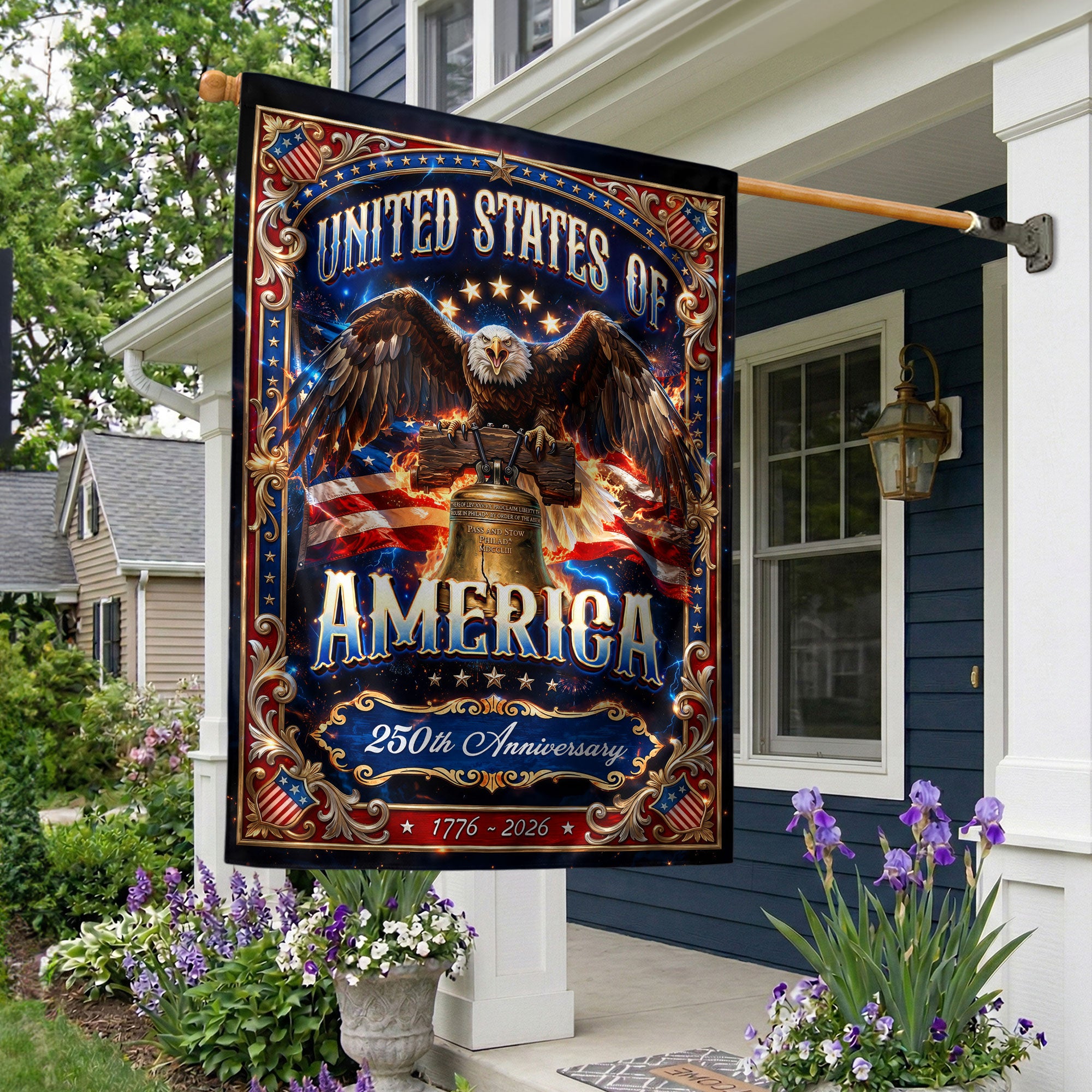United States America House Flag with Bald Eagle Liberty Bell 1776-2026 Patriotic Design