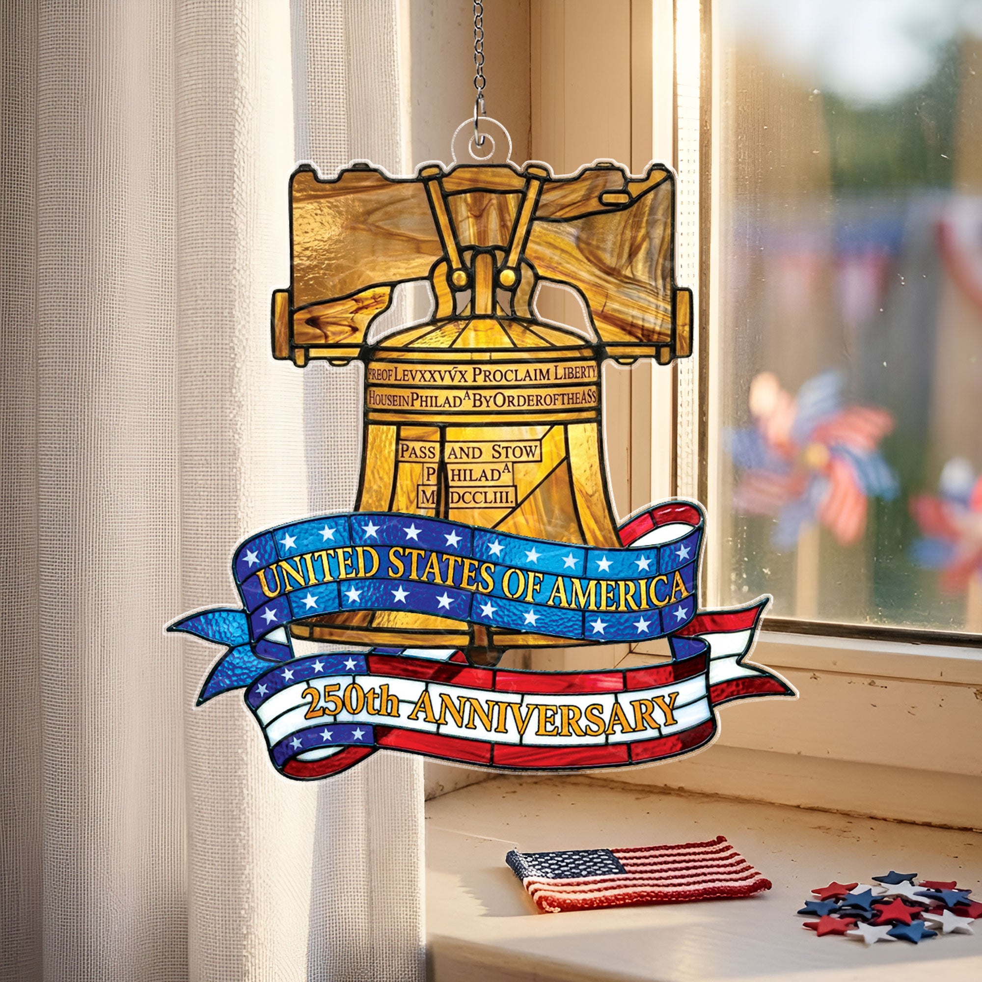 US 250th Anniversary Philadelphia Liberty Bell Stained Glass Acrylic Suncatcher Ornament