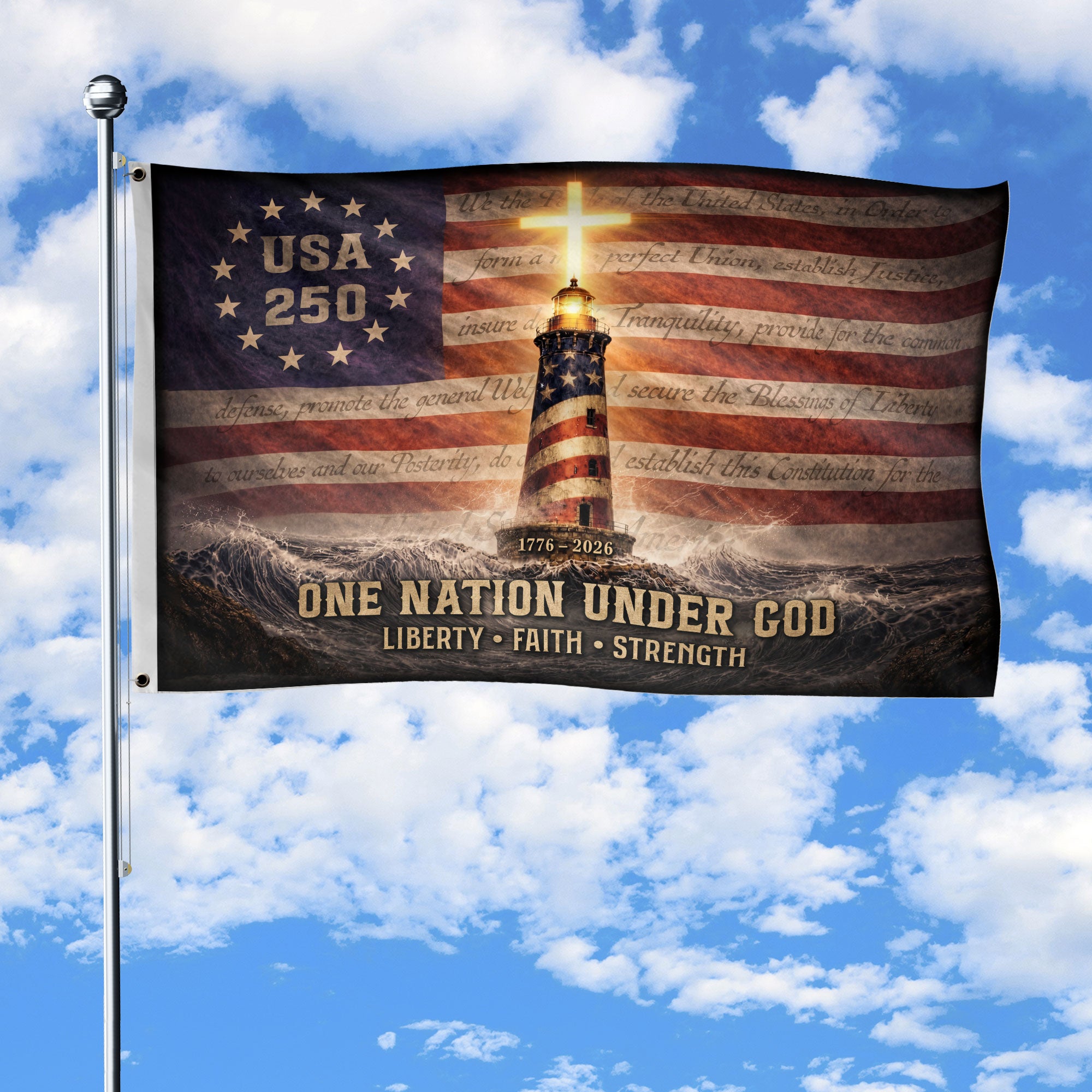 USA 250 Lighthouse Cross Flag - One Nation Under God Christian Patriotic Outdoor Flag 1776-2026