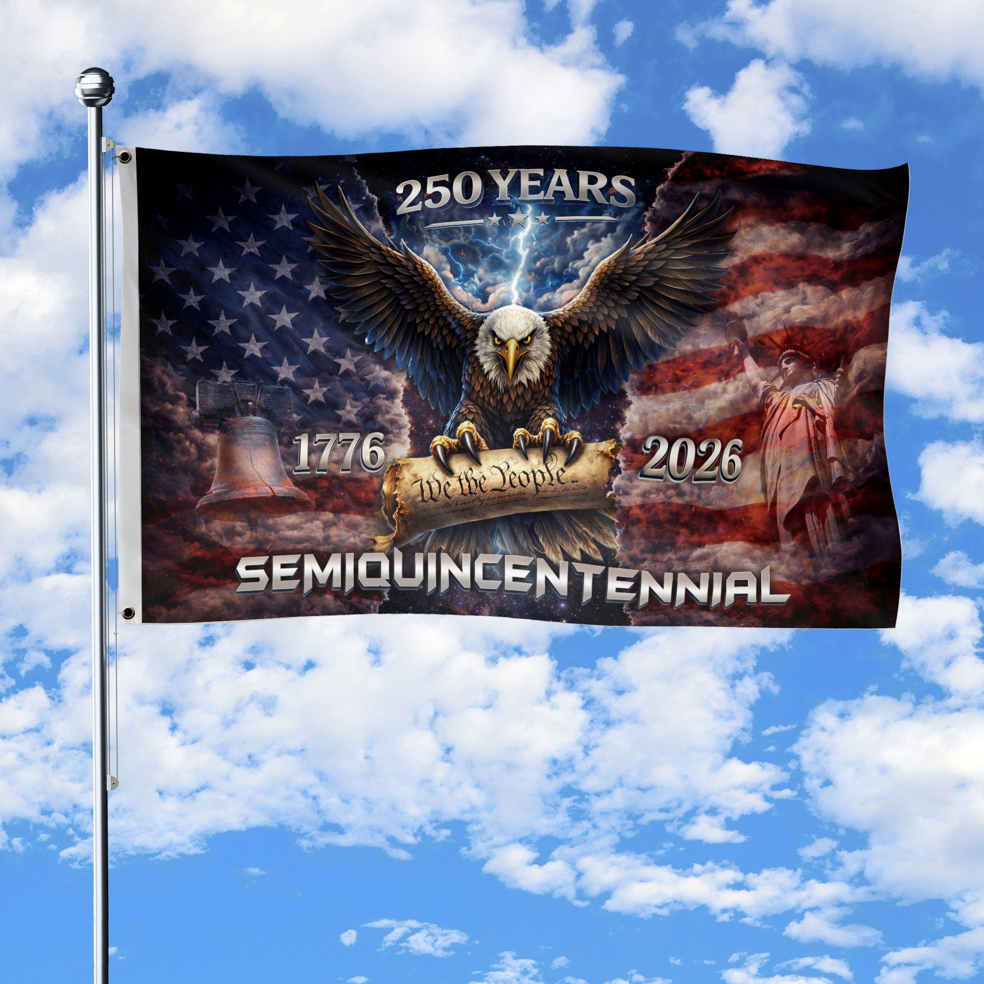 USA 250th Anniversary 1776-2026 Double Sided House Flag Vintage Bootleg Eagle Liberty Bell We The People