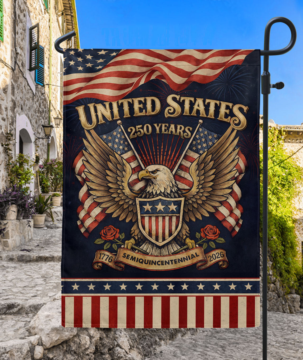 USA 250th Anniversary 1776-2026 Double Sided House Flag with Patriotic Eagle and Roses