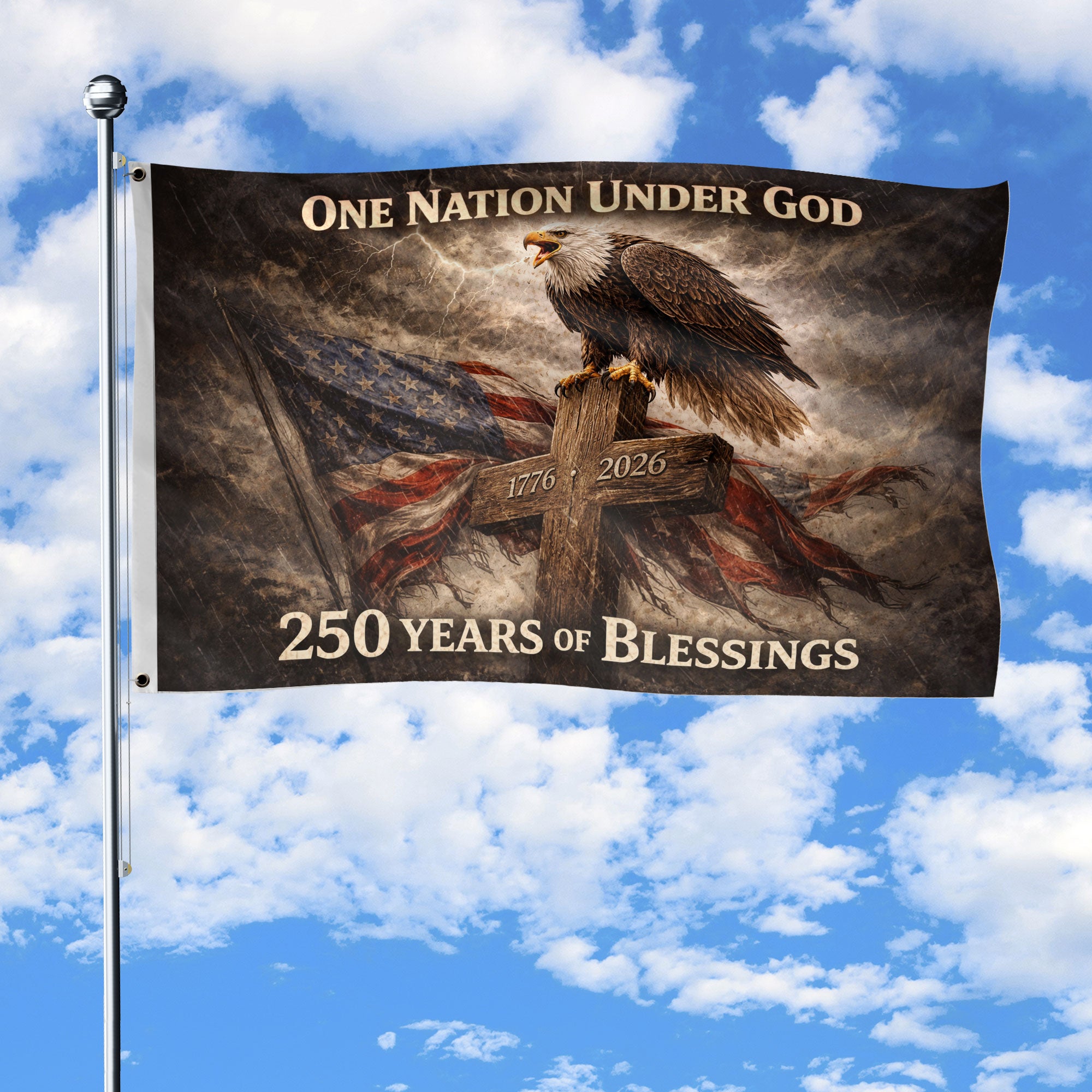 USA 250th Anniversary Double-Sided House Flag 1776-2026 One Nation Under God Eagle Cross
