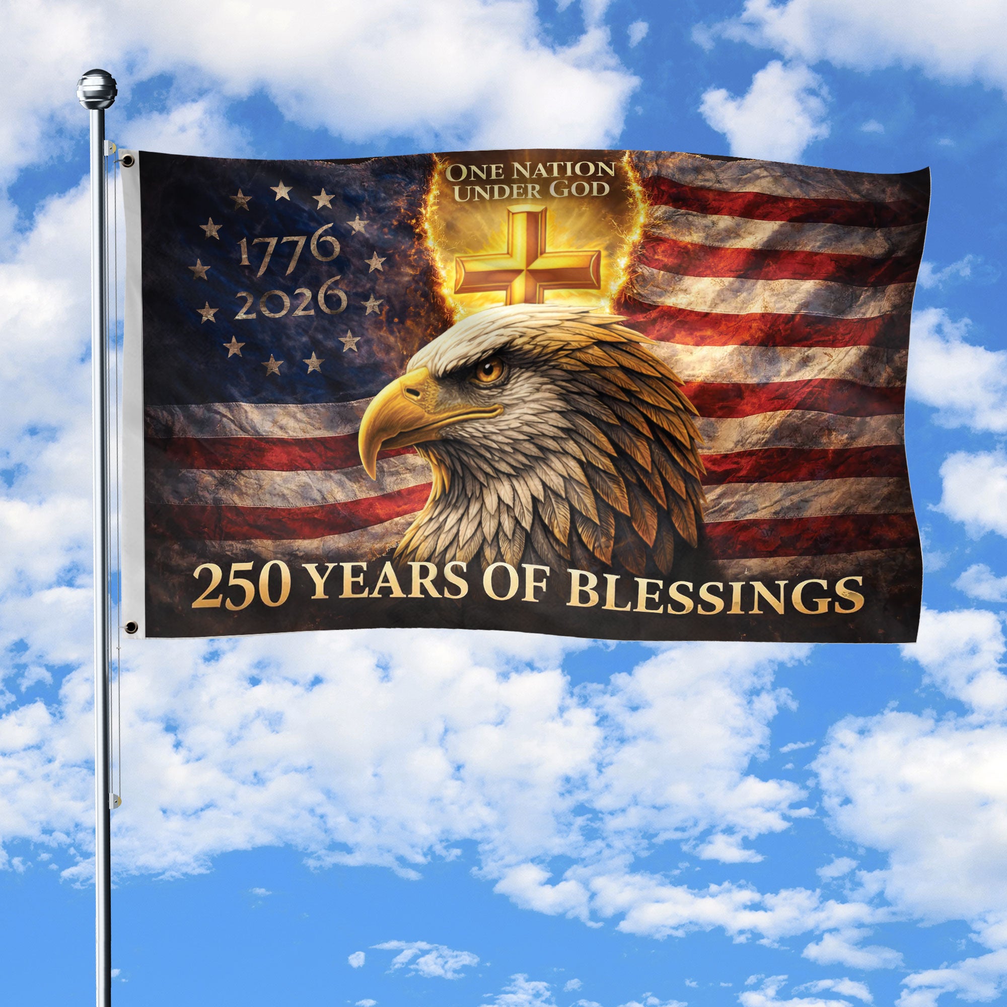 USA 250th Anniversary Eagle Flag 1776-2026 One Nation Under God Christian Cross Double Sided House Flag