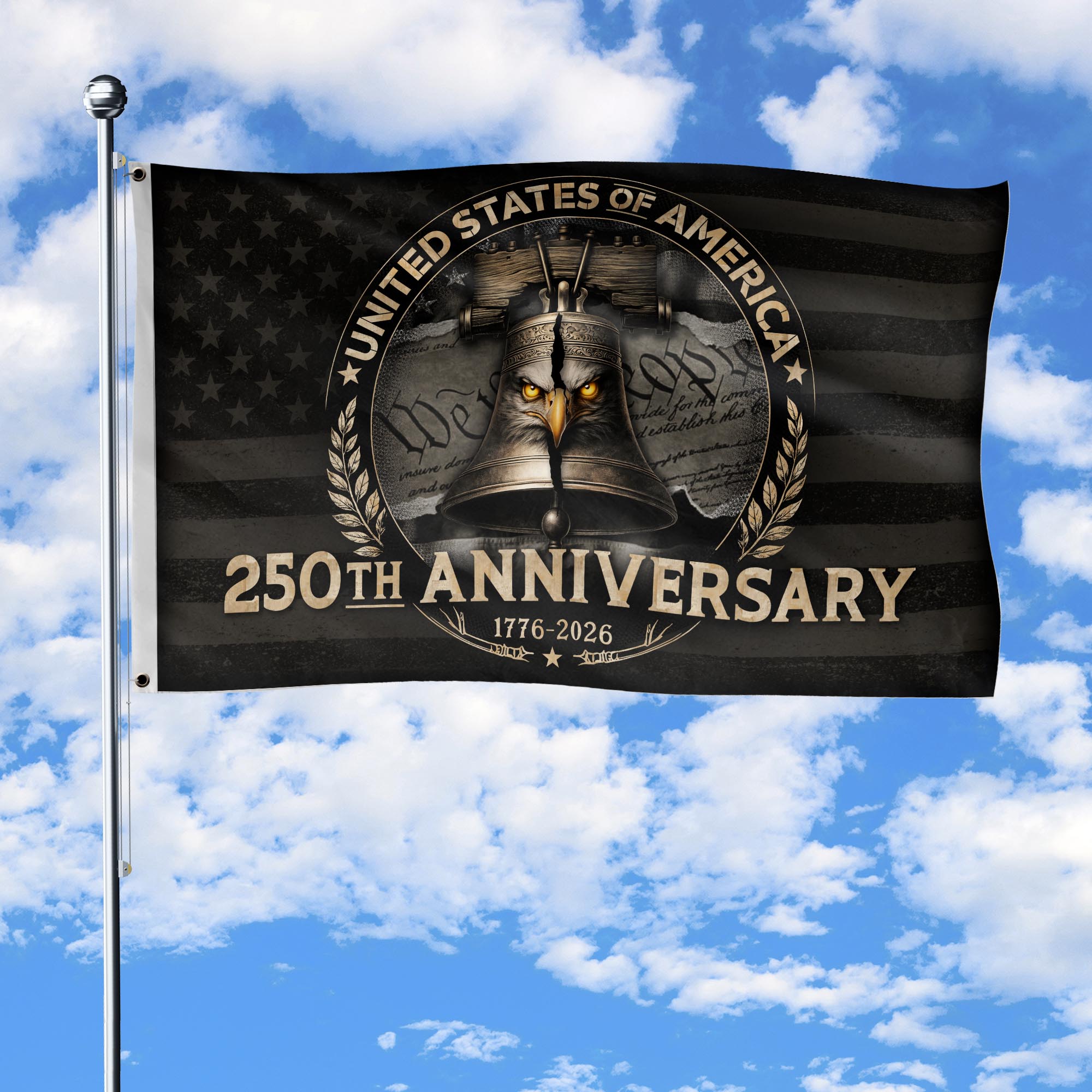 USA 250th Anniversary Flag 1776-2026 with Liberty Bell and Eagle Design