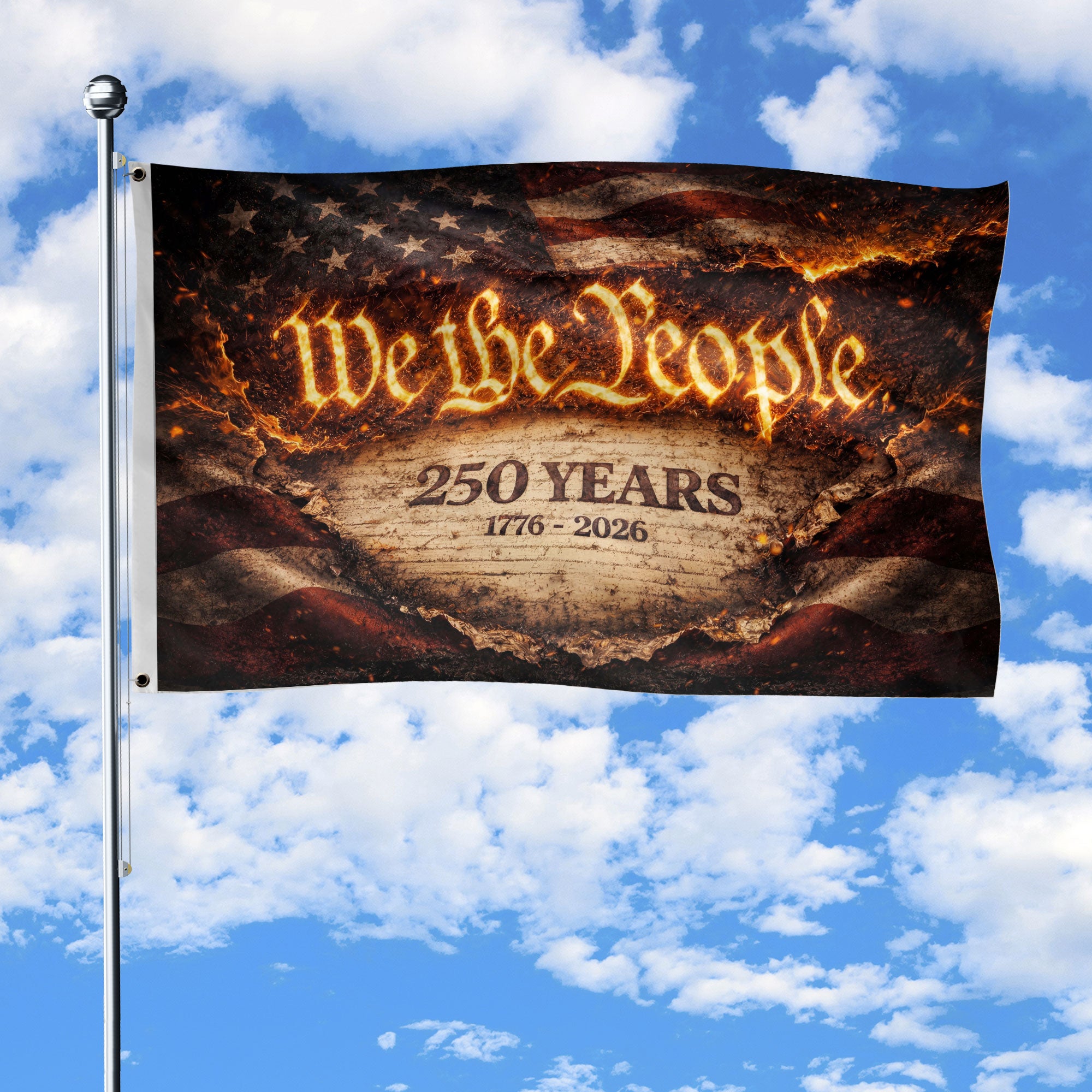 We The People 250 Years 1776-2026 Fire Style Patriotic Double Sided Yard Flag