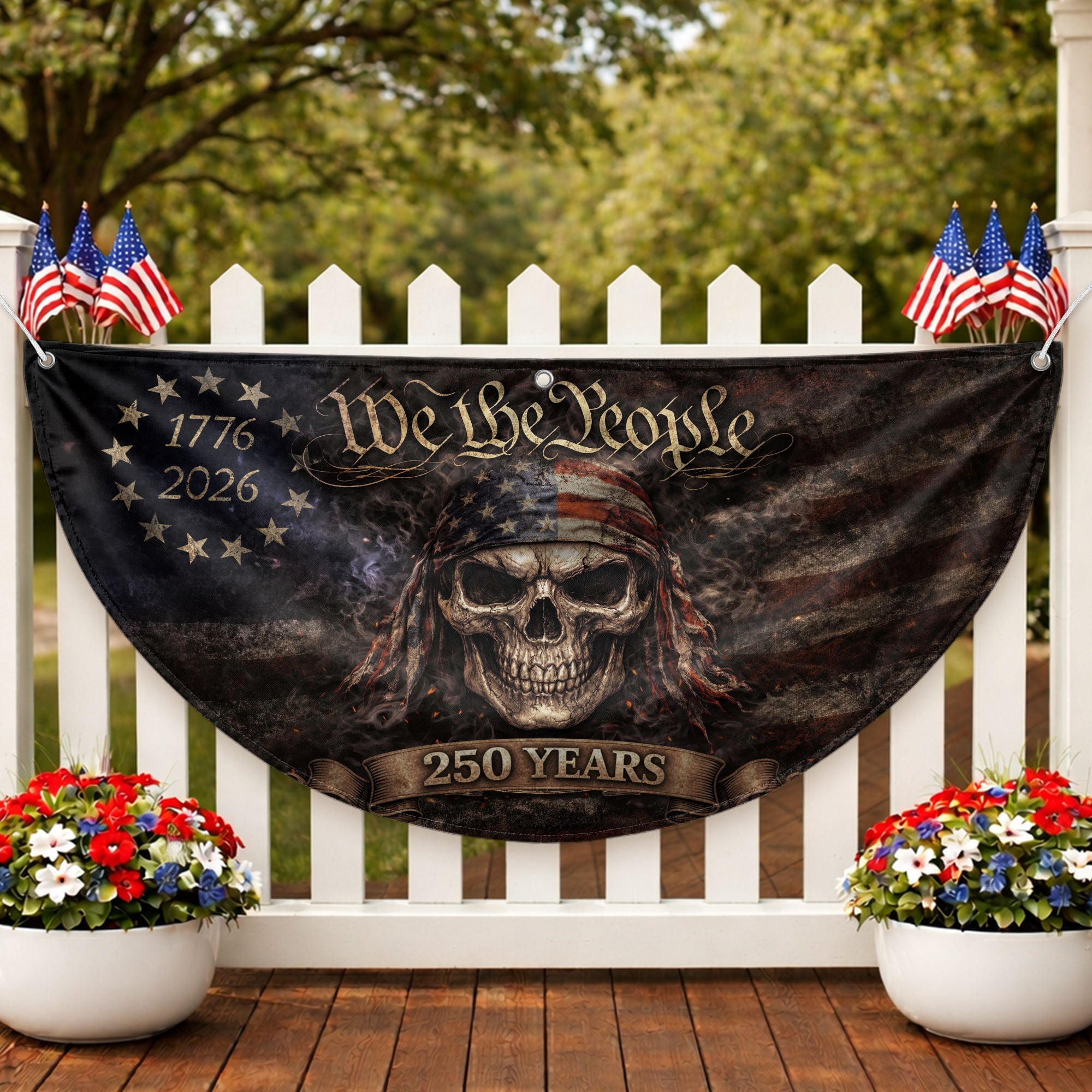We The People Skull Fence Flag 250 Years 1776-2026 Double Sided Patriotic Banner